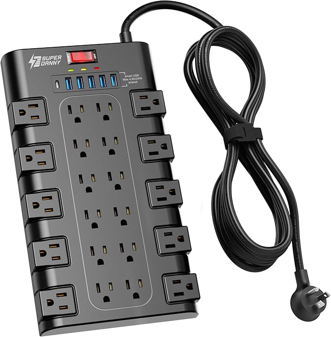 Extension Cord 10 Ft, SUPERDANNY Power Strip Surge Protector with 6 USB Charging Ports and 22 AC Outlets, 1875W/15A, 2100 Joules, Flat Plug Power Outlet for Home, Office, Dorm, Gaming Room, Black