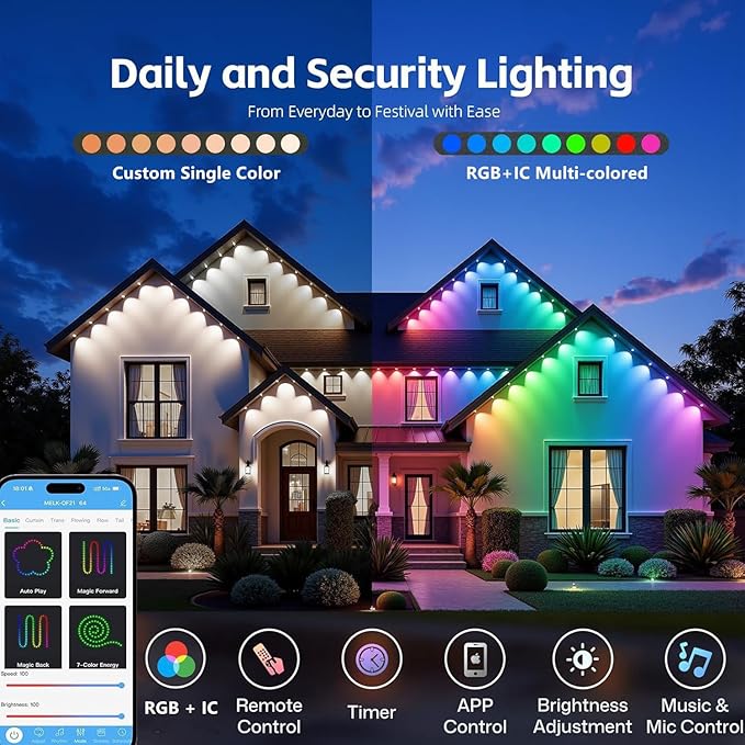 Permanent Outdoor Lights,100ft RGB + IC Smart LED Eaves Lights with App & Remote Control, IP67 Waterproof,for Christmas and All Holiday Decor,Daily and Accent Lighting,House Roof and Garden Lighting