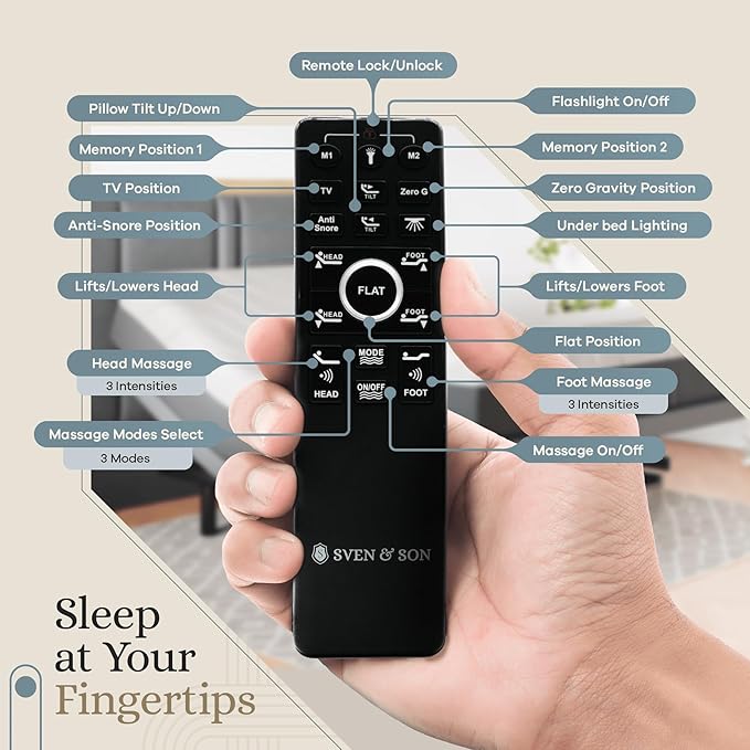 Sven & Son Harmony Adjustable Bed Base, Head and Foot Lift, Massage, Under-Bed Lights, USB, Memory, Zero Gravity Smart Frame - Queen