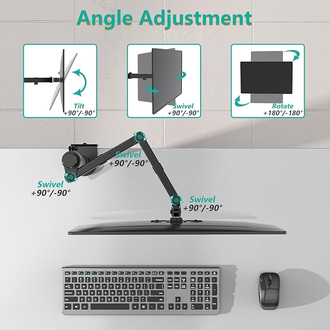 WALI Single Monitor Mount, Single Monitor Arm Desk Mount, Up to 32 inch Ultrawide, Regular Screens up to 27 inches, 22lbs, Adjustable Mount with C-CLAMP for Home Office Application(M001), Black