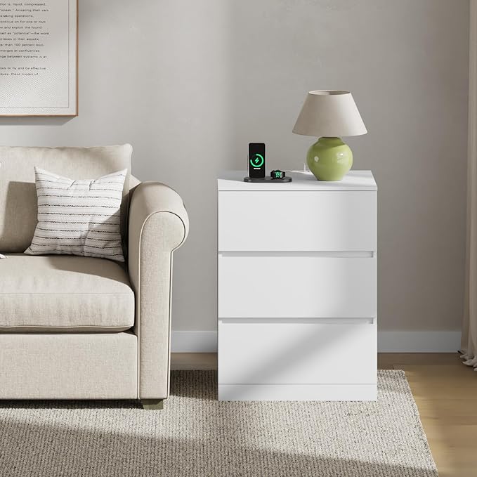 Nightstand, 4 Drawers, 26" H with Hidden Drawer, Bedside Table with Charging Station, Modern Night Stand for Bedroom, White