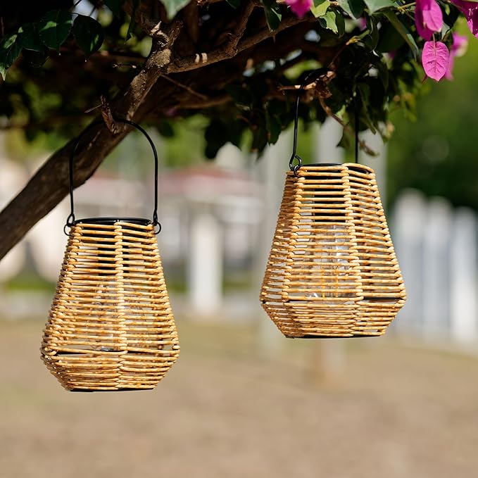 Solar Lanterns Outdoor Waterproof,Solar Lights for Outside Hanging Lights Outdoor Rattan Lantern Decoration for Garden, 2 Pack