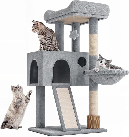 36-Inch Cat Tree Tower for Small and Medium Indoor Cats, Multi-Level Cat Furniture with Sisal Scratching Posts, Hammock, Condo & Scratching Board, Light Gray