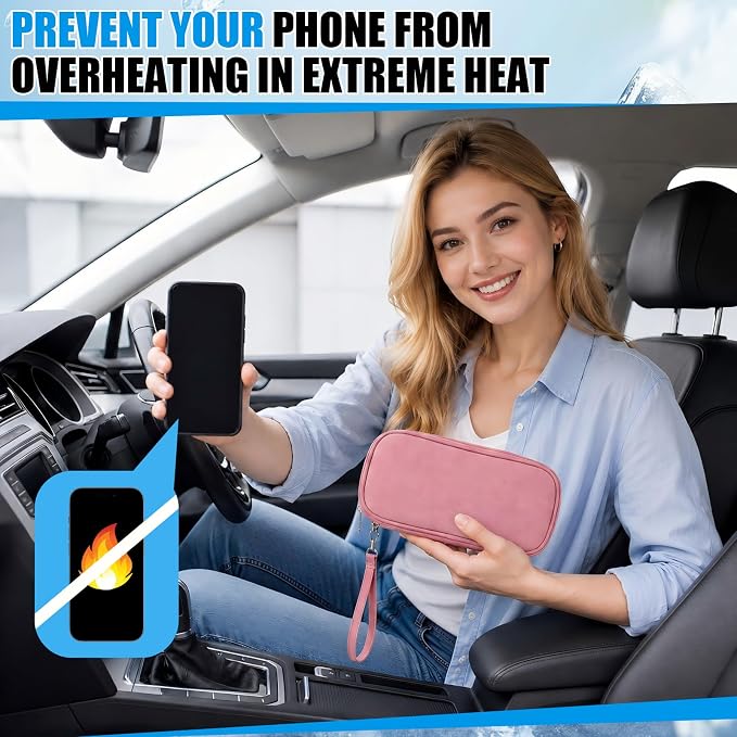 Phone Cooler Bag for Beach, Portable Phone Cooling Pouch with 2 Reusable Ice Packs, Keeps Cool in Extreme Heat for Car Pool Hiking, Extends Battery Life, Fits All Smartphones(Pink,Fabric)