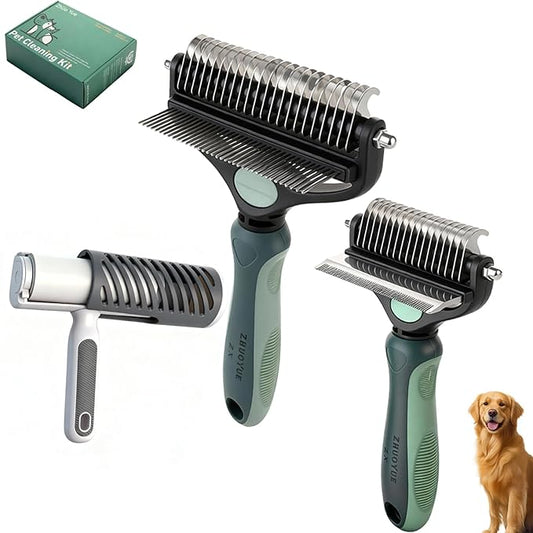 3-in-1 Deshedding Dog Brush, Deshedding Dog Grooming Brush & Undercoat Rake with Dematting Comb for medium to Large Double Coated, 3PCS, Peacock Green ﻿