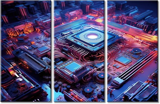 Motherboard Digital Chip Canvas Wall Art Paintings for Wall Decorations CPU Concept Pictures Artwork Wall Art for Living Room 3 Pieces Art Prints Framed Ready to Hang (42"Wx28"H)