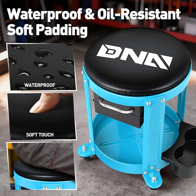 DNA Motoring Round Mechanics Roller Seat Creeper Stool with Padded Cushion, Tool Storage Drawer & Tray, 300 Lbs Max Weight Capacity, Blue, TOOLS-00492