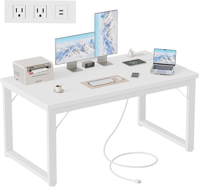 Mericonia 48 Inch Computer Desk with Power Outlets, 1.2" Thick Office Table | Modern Simple Style, Heavy Duty Industrial Frame, Small Study & Writing Table for Home Bedroom Work, White
