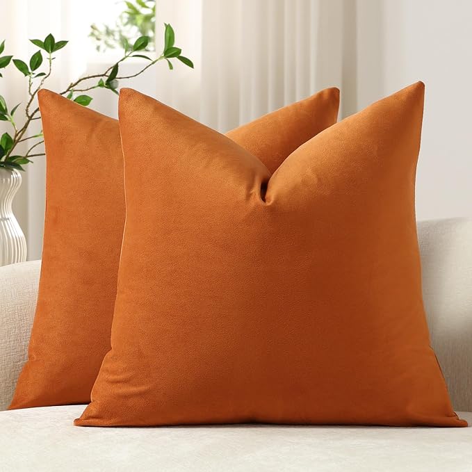 Throw Pillow Covers 18x18 Orange: Pack of 2 Cozy Soft Velvet Square Modern Luxury Decorative Throw Pillow Cases for Sofa Couch Living Room Bed Home Decor