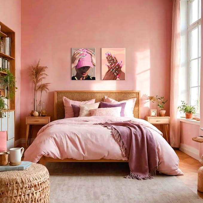 Black Girl Wall Art Set of 3 - Pink African American Woman Canvas Wall Decor Pictures, Fashion Black Woman Paintings Prints for Living Room Bedroom Bathroom Dorm 16x24 inch Framed