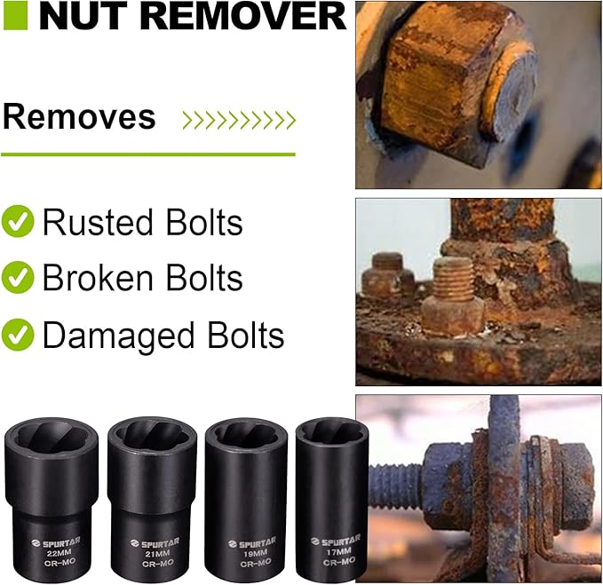 Spurtar 5 Pcs Lug Nut Removal Tool, 1/2 inch Drive Lug Nut Extractor Set Bolt Extractor Kit for Removing Damaged, Rounded, Rusted Bolts Nuts - 17mm,19mm,21mm,22mm
