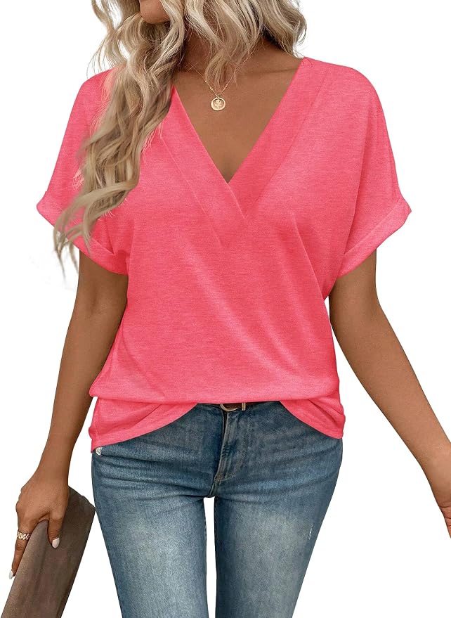 T Shirts Short Sleeve V Neck Tees Womens Tops Beach Vacation Fashion Clothes 2026 Casual Summer Spring Fall Outfits