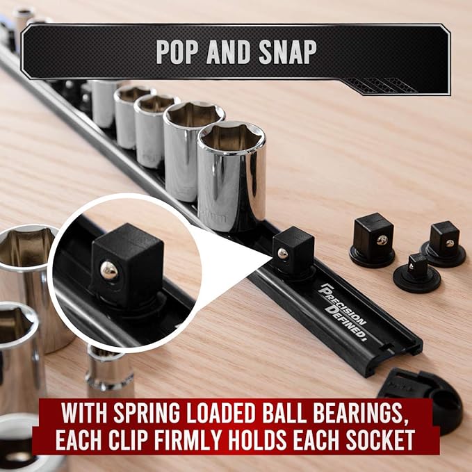 Precision Defined Aluminum Tool Socket Holder 3-Piece Set | Black, 1/4-Inch x 16 Clips, 3/8-Inch x 16 Clips, 1/2-Inch x 14 Clips | 360 Rotation - Heavy Duty Socket Rails Organizer, Socket Storage