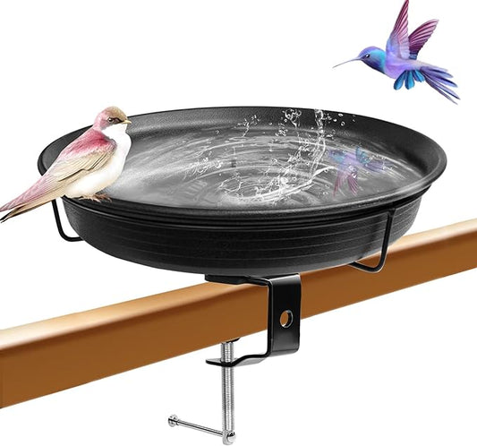 AUHOKY Bird Bath Deck Mounted Bowl 11 Inches, Balcony Railing Birdbaths Unheated, Bird Bath Fence Clamp Detachable (Black)