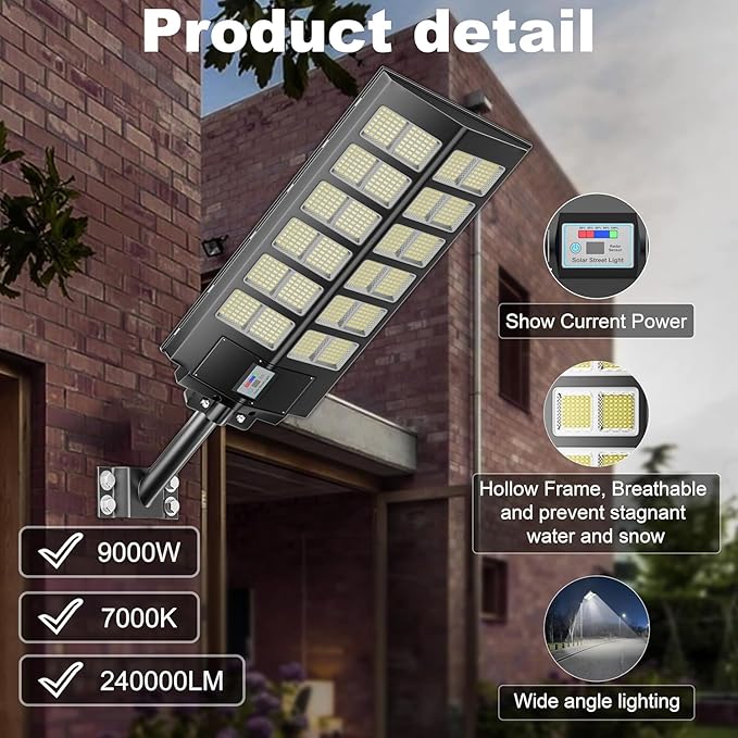 Solar Street Light - 9000W Street Lights Outdoor 260000LM Dusk to Dawn Solar Power Parking Lot Light, IP67 Waterproof Wide Angle Lamp with Motion Sensor for Yard, Road 1 Pack