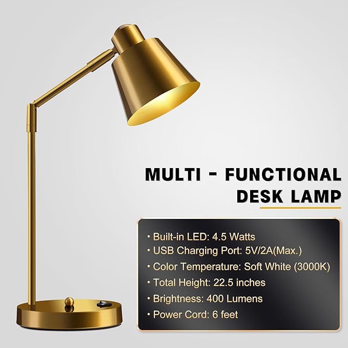 LED Desk Lamp with Dual USB Charging Ports, 100% Metal, 270° Swivel Arms, Soft White Light (3000K), Bedside Reading Lamp, Home Office Lamp(Golden)