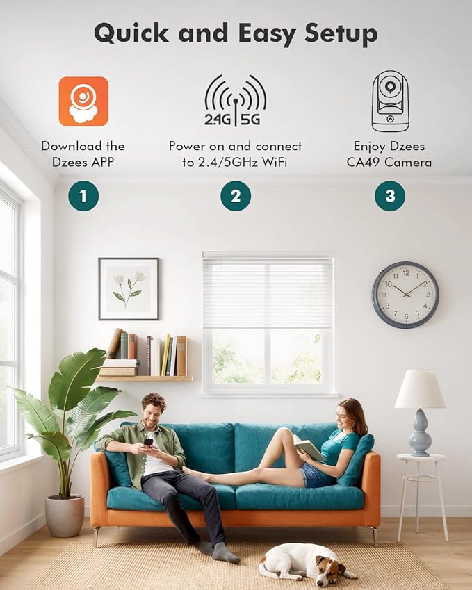 Dzees 2K Indoor Security Camera, 360 Degree WiFi Pet Camera with Phone App, 5G and 2.4G, Wired Home Camera with 2-Way Audio, Motion Tracking, Night Vision, Black, 1 Pack