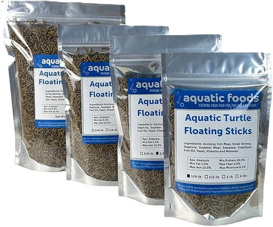 Aquatic Foods Inc. Aquatic Turtle 3/8" x 1/8" 30% Protein Floating Sticks for Aquatic & Semi Aquatic Red Ear, Painted. Map, Soft Shell Pond Turtles...WL…1/4-lb Foil Pouch Bag