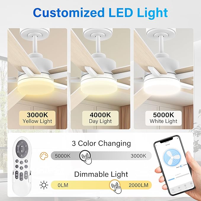 72" Large Smart Ceiling Fan with Lights Remote,Silent DC Motor,Control via Voice Alexa Google App,Outdoor Indoor Modern Ceiling Fans for Large Living Room Patios Decks,Dimmable,5 Blades in White&Wood