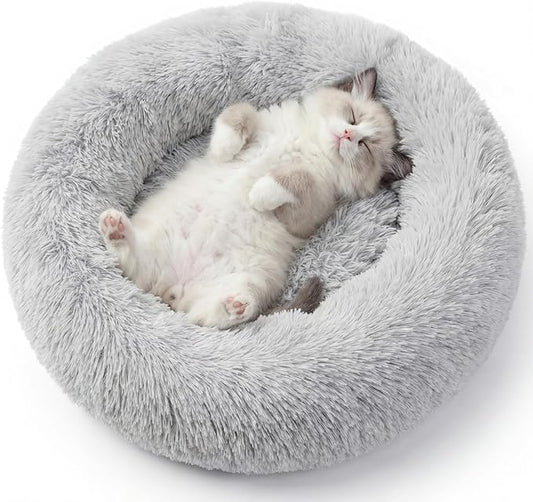 Calming Dog Bed, 20" x 20" x 6" Fits Cat & Dog, Anti-Slip Round Washable Faux Fur for Doze Off, Napping Orthopedic, Grey