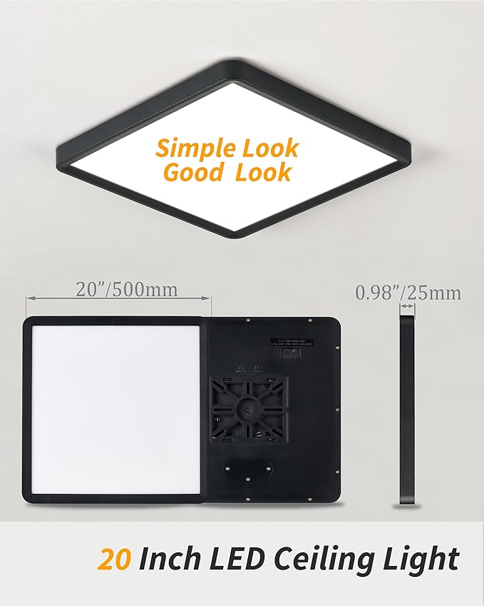 Square Led Flush Mount Ceiling Light,20 Inch 40w 4520lm led Light 3000k,4000k,6000k CCT Selectable,Flat Panel Super Slim Led Ceiling Light Fixture,for Living Dining Kitchen Bedroom Room (1Pack-Black)