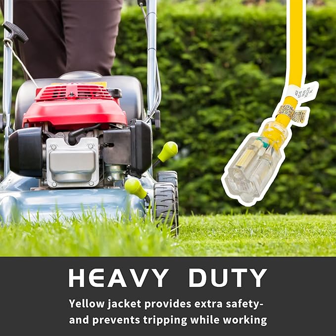 Indoor Outdoor Extension Cord Weatherproof with Lighted End, UL Certified, 10 Gauge 10FT Yellow 3 Prong Heavy Duty, 10/3 SJTW 15A Power Cord for Outdoor Lights, Lawn