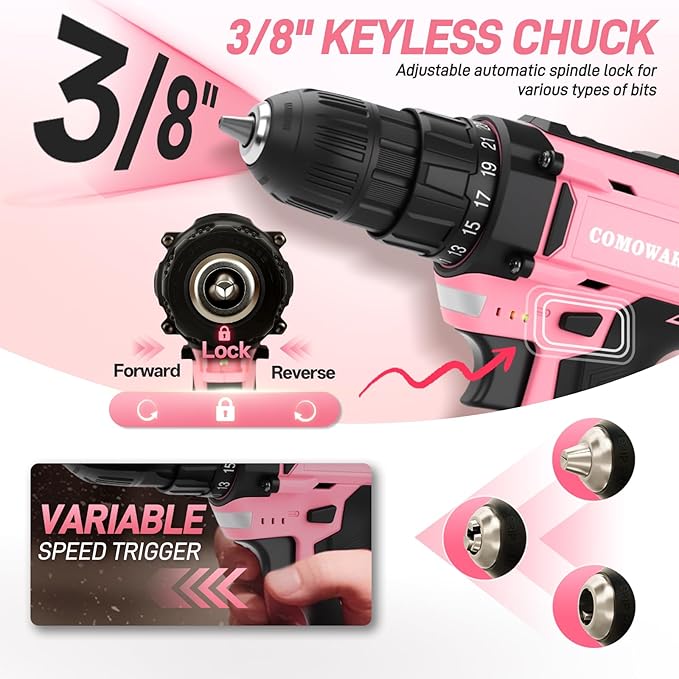 COMOWARE Cordless Drill Set, 20V Pink Power Drill Set for Women, 1 Battery & Charger, 3/8" Keyless Chuck, 2 Variable Speed, 266 In-lb Torque, 25+1 Position, with Pink Storage Bag