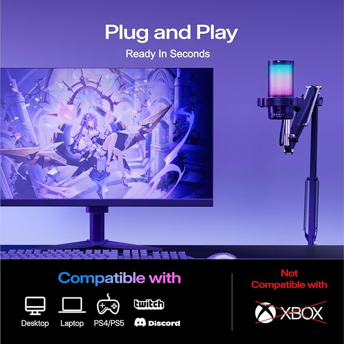 MAONO DGM20S Gaming Microphone for PC with Clear Voice & Noise Reduction | RGB Lighting, Tap-to-mute, Gain Control, Headphone Monitoring and Boom Arm for Discord Gaming, Streaming, Content Creation