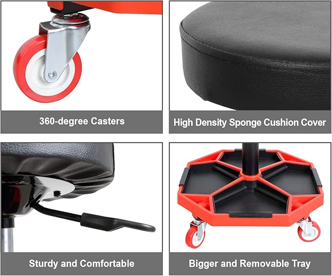 Big RED ATRXF8308R Torin Heavy Duty Pneumatic Garage Rolling Stool/Creeper Seat with Removable Plastic Tray, 300 lb Capacity, Black/Red