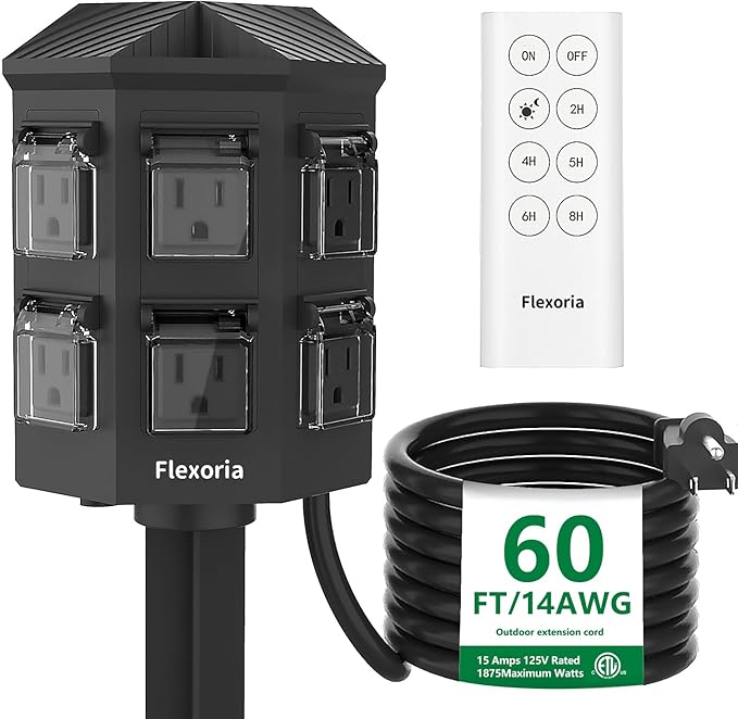 Outdoor Power Stake Timer, Remote Control Dusk to Dawn Light Timer, 60FT Extension Cord Waterproof, 6 Grounded Outlets for Graden and Yard Decorations, ETL Listed
