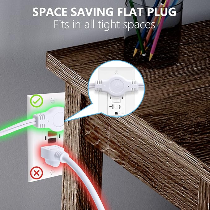 K KASONIC 12 Feet Twin Extension Cord Power Strip, 6 Feet on Each Side, Flat Head Outlet Plug,6 Polarized Outlets with Safety Cover, Double Extension Cord Splitter for Indoor Use, ETL Listed, White