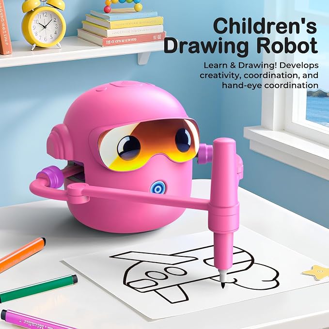 Drawing Robot for Kids with 100 Cards, Montessori Painting Learning Toys for 3 4 5 6 7 8 Year Old Boys Girls,Voice Interactive Early Learning Educational Drawing Toy Gift for Birthday Party