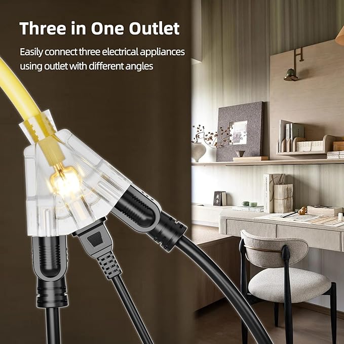 50 FT Outdoor Extension Cord with Multiple Outlets, 12 Gauge Heavy Duty Yellow Extension Cord Waterproof with 3 Outlet, 3 Prong Power Cord for Garden and Home Use Indicator Light, ETL Listed