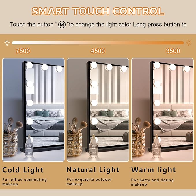 FENCHILIN Vanity Mirror with Lights,Hollywood Lighted Mirror with Dimmer Bulbs, Vanity Makeup Mirror Smart Touch Control (Black)