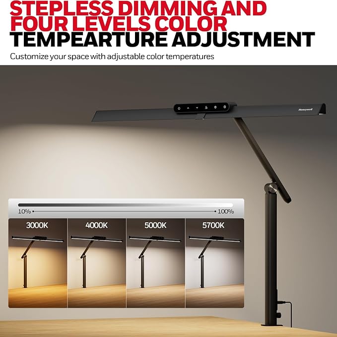 Honeywell HJ1 Sunturalux LED Clamp Desk Lamp 1200LM for Home Office | CRI≥97, 3000K-5700K, Low Blue Light, Flicker-Free, Dimmable Task Desk Light for Computer, Black