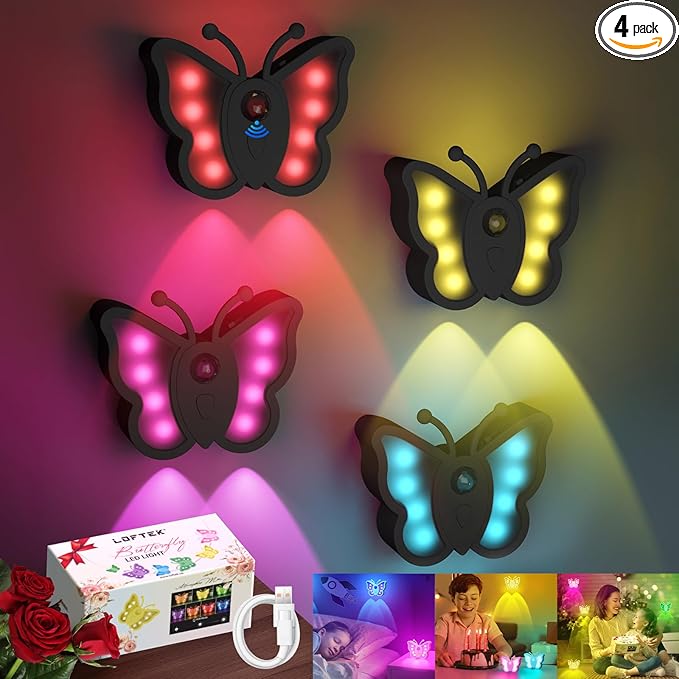 LOFTEK Rechargeable Motion Sensor Light, RGB Color Change & Dimmable Night Light, Cute Butterfly Light for Kids' Bedroom, Bathroom, Hallway, Tent & Stairs - Halloween Decor & Gift, Black of 4