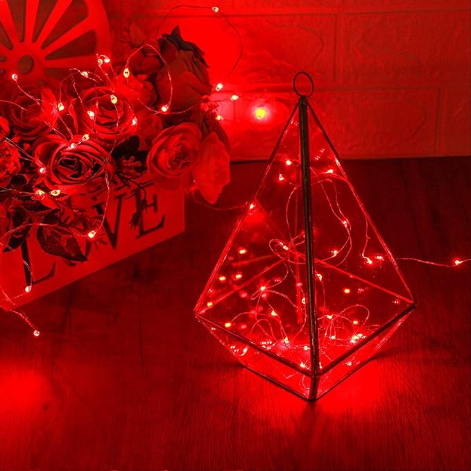RUICHEN Silver Wire Fairy Lights Plug in 33 Ft 100 LED String with Spool, Red