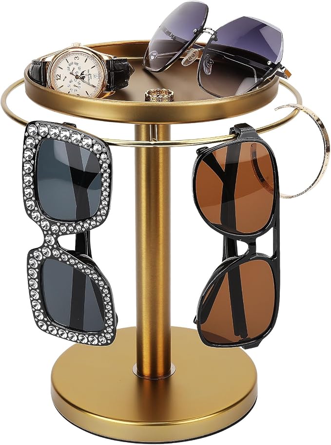 kondyfayo 360° Rotating Sunglass Organizer Storage, Stainless Steel Glasses Holder Stand, Glasses Organizer with Tray for Desk, Dresser, Tabletop, Nightstand and Home Decor (Gold) | Stainless Steel Stand with 360 Rotation Holds 9 to 12 Pairs. Top Tray ...