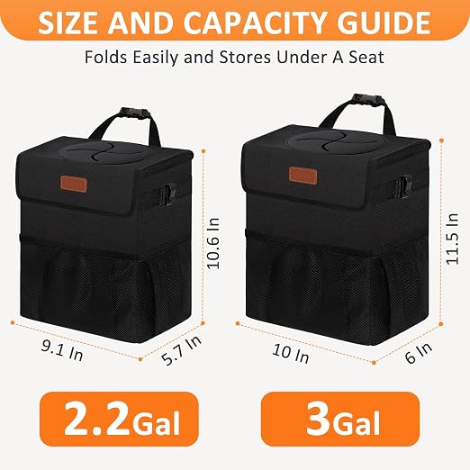Vankor 3 Gallons Car Trash Can with Lid, Bag Bin Hanging Waterproof Automotive Car Garbage Cans Leak Proof Vehicle Trash Can Black
