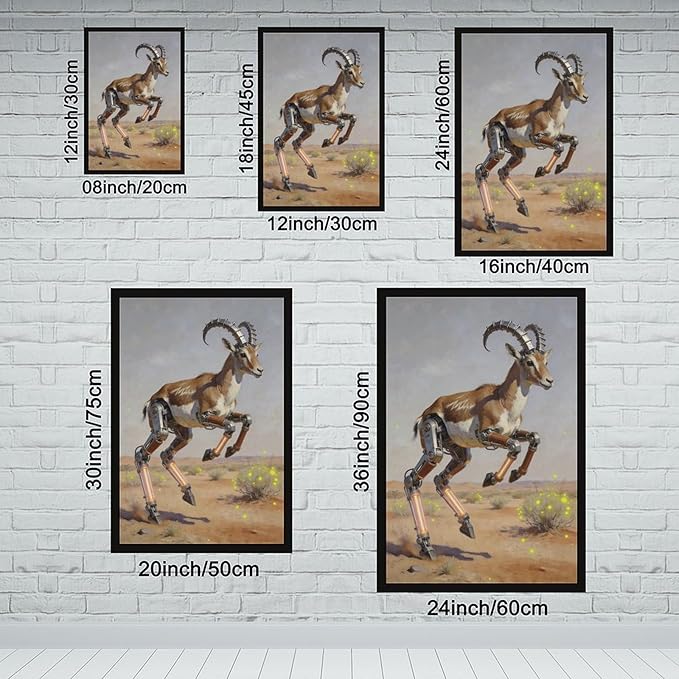 Framed Steampunk Mechanical Antelope Wall Art - Desert Futuristic Poster for Loft Living Room Decor 08x12in