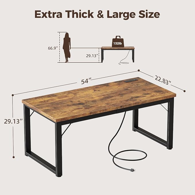 Mericonia 54 Inch Computer Desk with Power Outlets, 1.2" Thick Office Table | Modern Simple Style, Heavy Duty Industrial Frame, Study & Writing Table for Home Bedroom Work, Brown