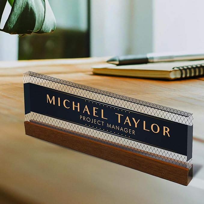 Artblox Personalized Office Desk Name Plate With Business Card Holder | Clear Acrylic Glass with Teak Wood Stand | Net Shape Design Customized with Your Name and Credentials Office Desk Décor