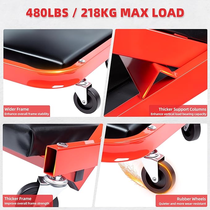 Mechanic Creeper 40inches 3-in-1 Z Seat 480lbs Capacity, Foldable Garage Chair Adjustable Rolling Folding with 6pcs Wheels Roller, Lay Down Sit Lean Back, Under Car Shop Auto Repair Man Gift