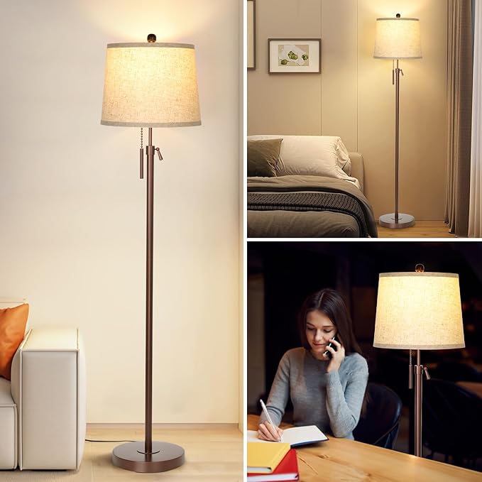 Modern Floor Lamp Adjustable Height Standing Lamp Tall Lamp with 3 Color Temperatures Floor Lamps for Living Room Bedroom Office Beige Shade Bulb Included-Brown