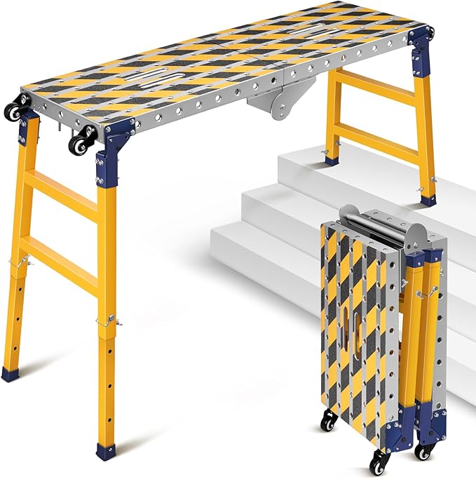 Versatile Portable Steel Work Bench with 4 Wheels, 55'' × 14.2'' Foldable Welding Table with Height Adjustment, Heavy Duty Steel Construction Galvanized Tabletop Workbench with 1102 LBS