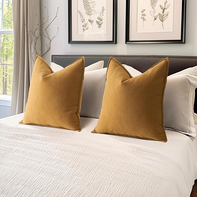 MIULEE Pack of 2 Mustard Yellow Decorative Chenille Pillow Covers 18x18 | Soft Couch Throw Pillows,Farmhouse Cushion Covers with Elegant Design for Sofa,Bedroom,Living Room,Spring Home Decor