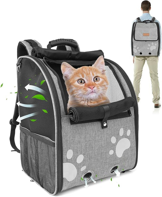 Cat Carrier Backpacks for Kitty Small Dog up to 15 lbs, Lightweight and Foldable Dog Backpack Carrier with Breathable mesh for Travel, Walking, Hiking, Camping and Vet (Grey)