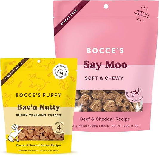 Bocce's Bakery Say Moo Cookie + Bac’n Nutty Training Dog Treat Bundle – Natural, Wheat-Free Soft & Chewy Cookies Made with Real Ingredients and Baked in The USA – 2 Pack Bundle