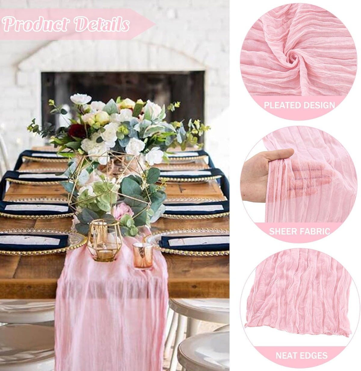 6 Pieces Pink 10FT Cheesecloth Table Runner Boho Gauze Fabric Table Runner Rustic Sheer Runner for Wedding Birthday Baby Shower Party Boho Table Decoration（Pink）