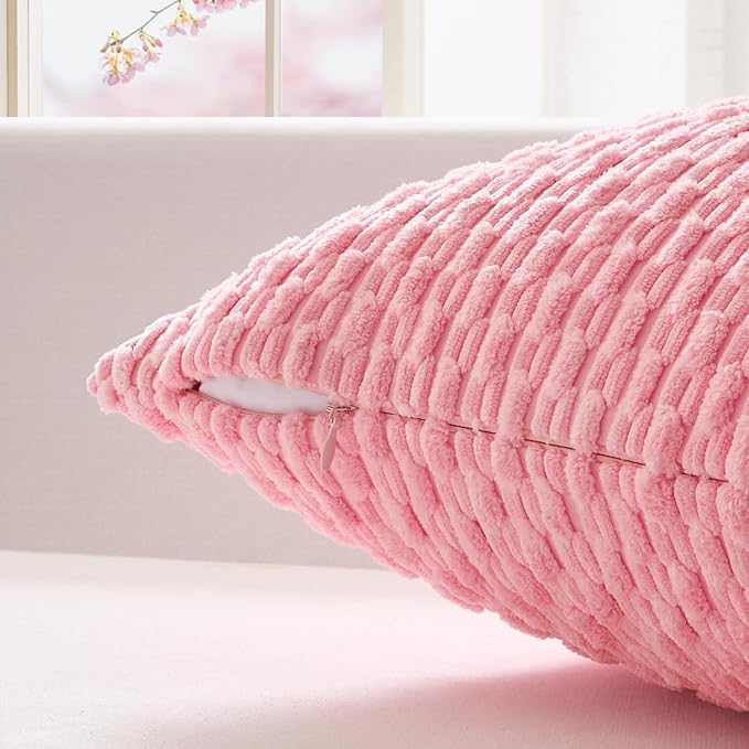 Kevin Textile Soft Corduroy 12"x24" Lumbar Pillow Cover 1 Pack, Pink | Boho Stripe Plush Corduroy Decorative Oblong Cushion Cover Modern Farmhouse Home Decor for Sofa Couch Bed Chair